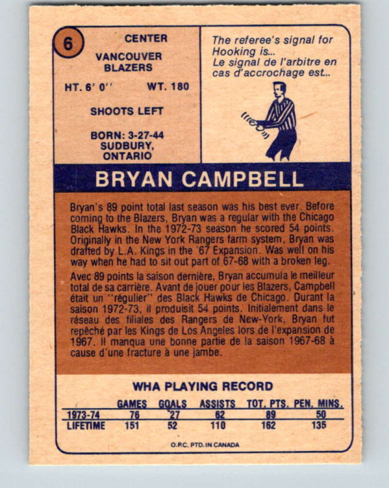 1974-75 WHA O-Pee-Chee #6 Bryan Campbell Vancouver Blazers V7026