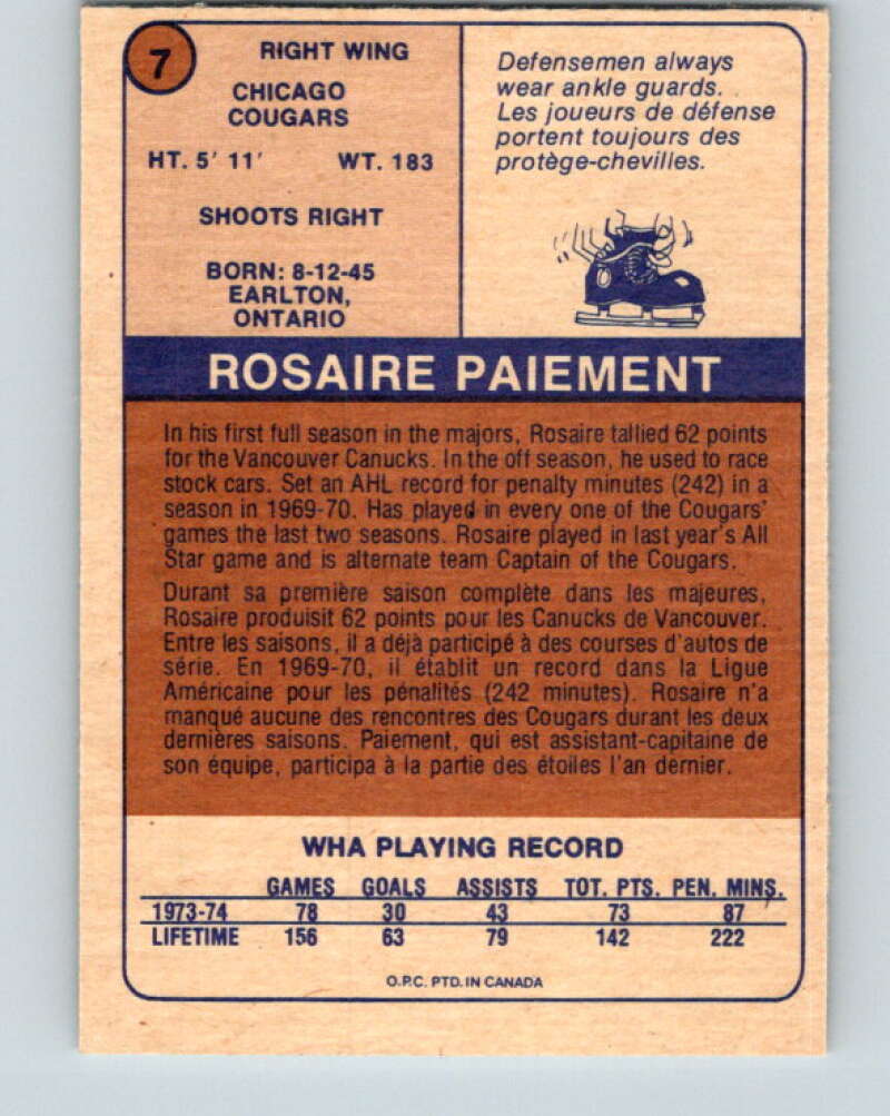 1974-75 WHA O-Pee-Chee #7 Rosaire Paiement Chicago Cougars V7028