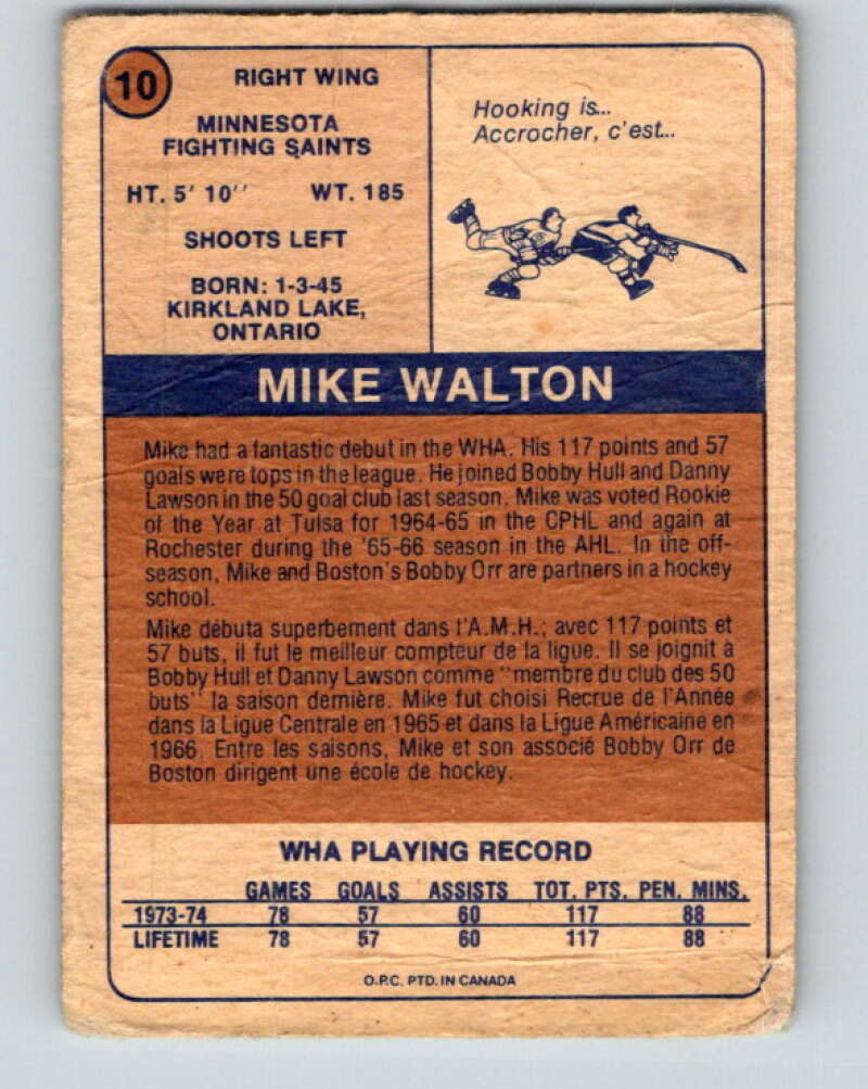 1974-75 WHA O-Pee-Chee #10 Mike Walton Minnesota V7035