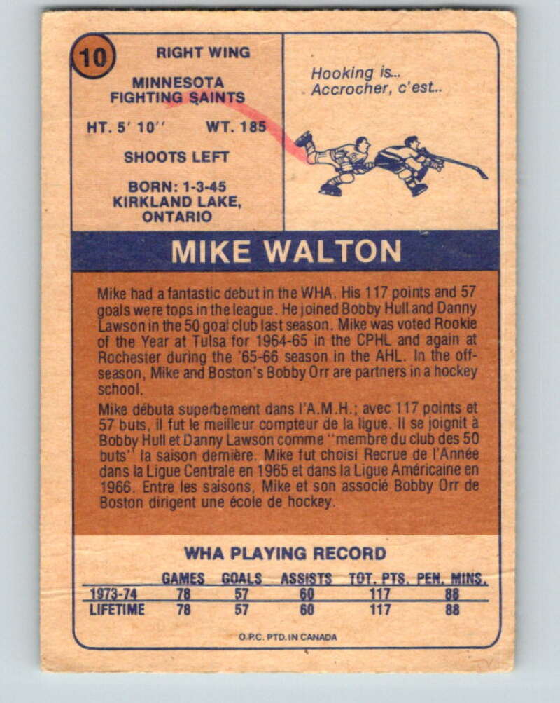 1974-75 WHA O-Pee-Chee #10 Mike Walton Minnesota V7036