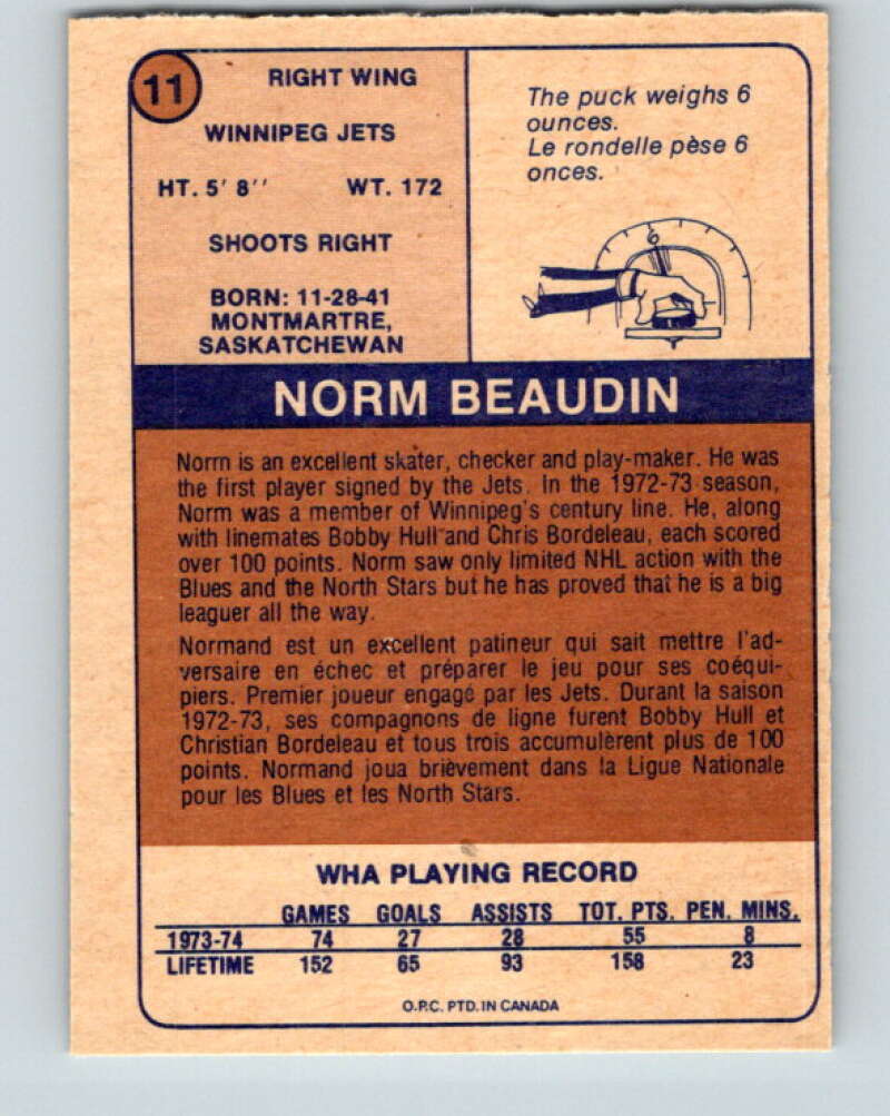 1974-75 WHA O-Pee-Chee #11 Norm Beaudin Winnipeg Jets V7037