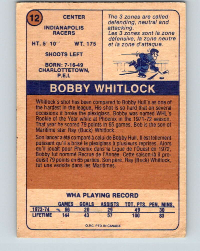1974-75 WHA O-Pee-Chee #12 Bob Whitlock RC Rookie Racers V7038