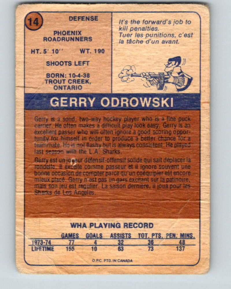 1974-75 WHA O-Pee-Chee #14 Gerry Odrowski Phoenix Roadrunners V7041