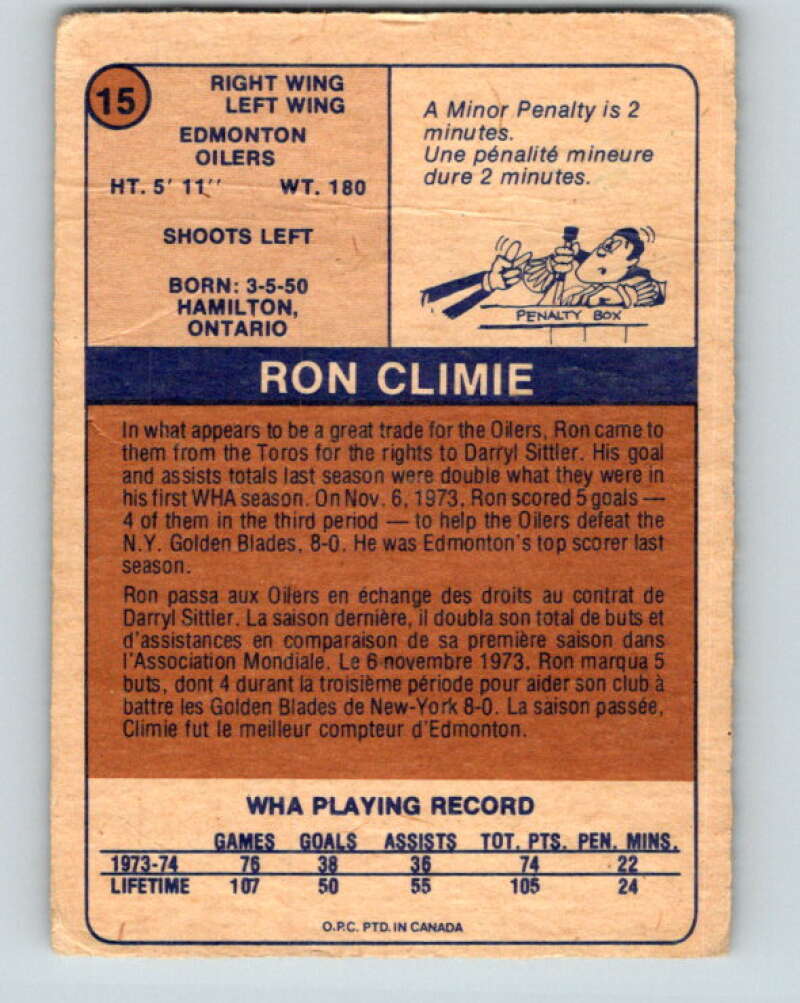 1974-75 WHA O-Pee-Chee #15 Ron Climie Edmonton Oilers V7044