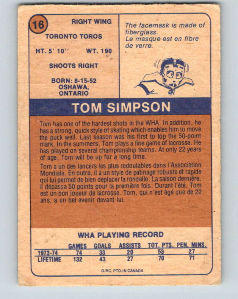 1974-75 WHA O-Pee-Chee #16 Tom Simpson RC Rookie Toronto Toros V7046