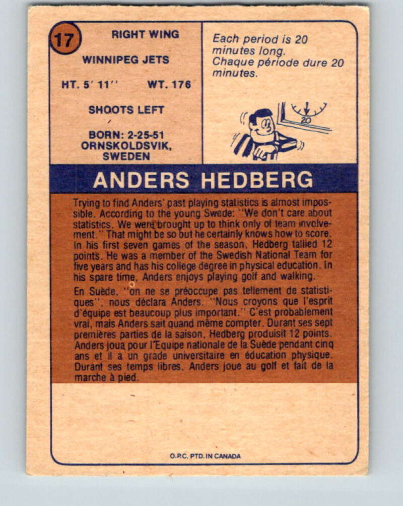 1974-75 WHA O-Pee-Chee #17 Anders Hedberg RC Rookie Jets V7048