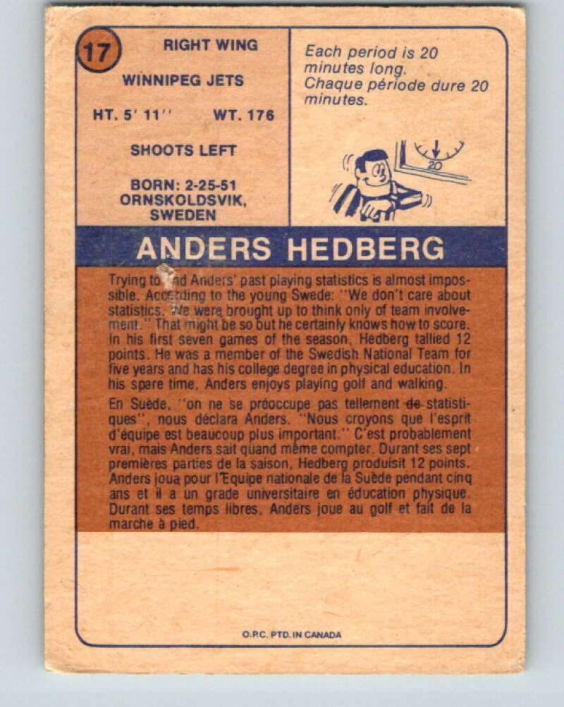 1974-75 WHA O-Pee-Chee #17 Anders Hedberg RC Rookie Jets V7049
