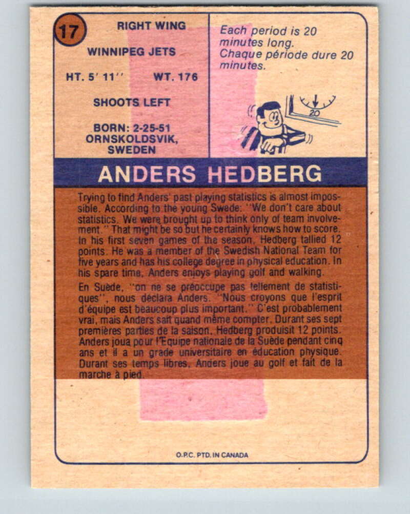 1974-75 WHA O-Pee-Chee  #17 Anders Hedberg  RC Rookie Jets  V7050
