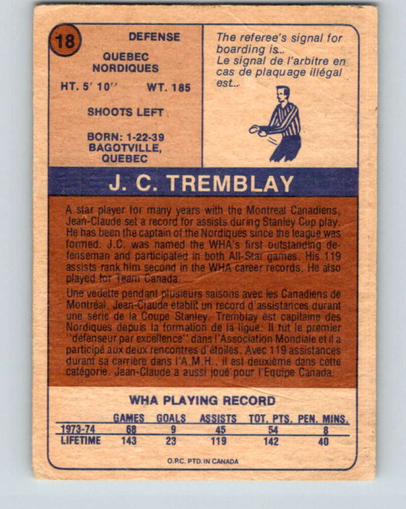 1974-75 WHA O-Pee-Chee #18 J.C. Tremblay Quebec Nordiques V7052