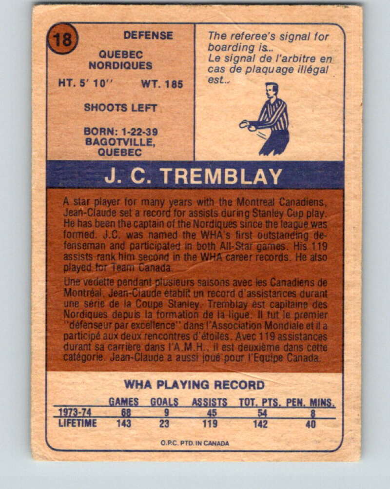 1974-75 WHA O-Pee-Chee  #18 J.C. Tremblay  Quebec Nordiques  V7052