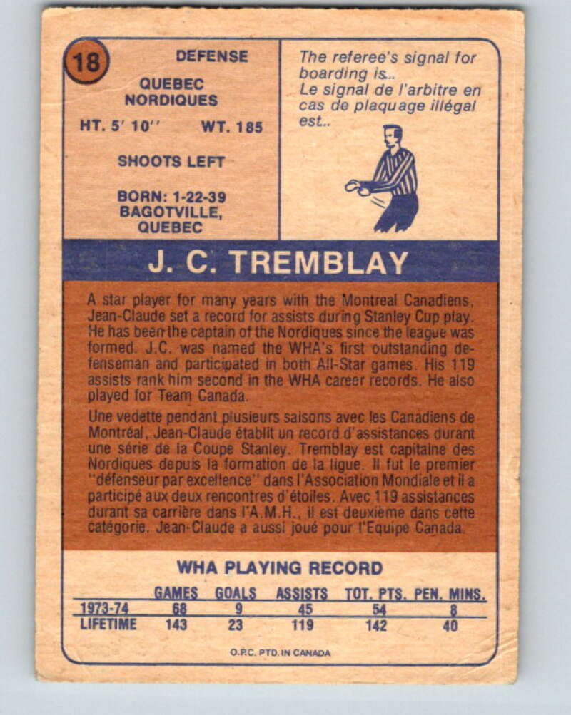 1974-75 WHA O-Pee-Chee  #18 J.C. Tremblay  Quebec Nordiques  V7054