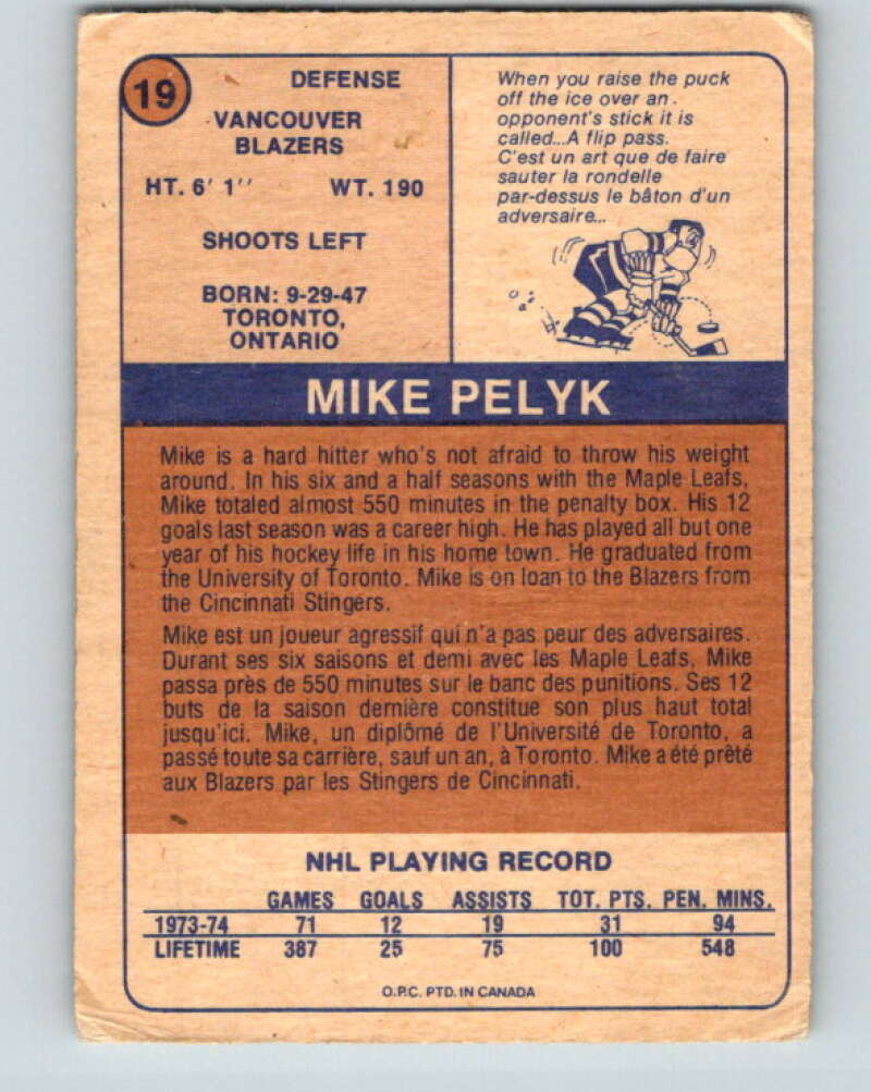 1974-75 WHA O-Pee-Chee #19 Mike Pelyk Vancouver Blazers V7055