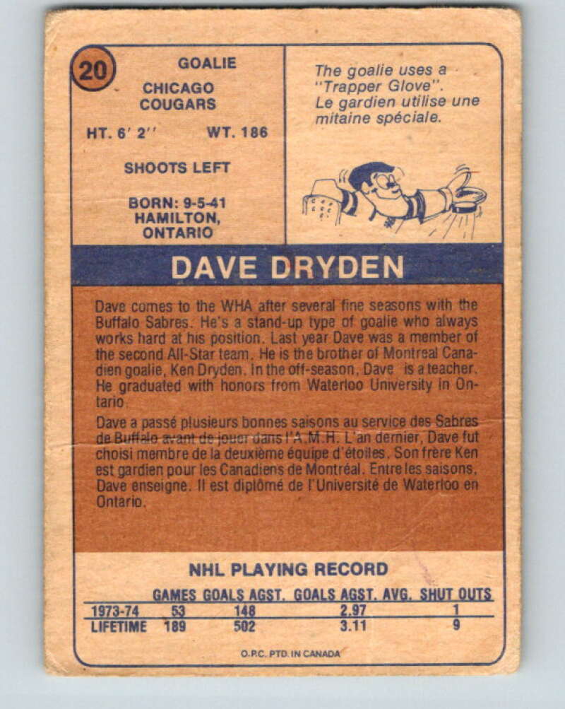 1974-75 WHA O-Pee-Chee #20 Dave Dryden Chicago Cougars V7057