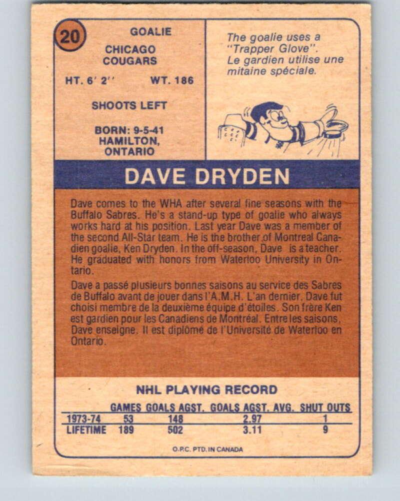 1974-75 WHA O-Pee-Chee #20 Dave Dryden Chicago Cougars V7059