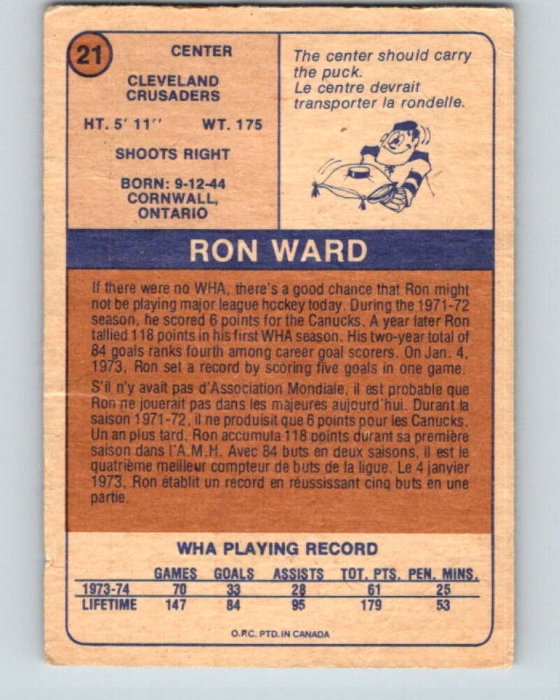 1974-75 WHA O-Pee-Chee #21 Ron Ward Cleveland Crusaders V7061