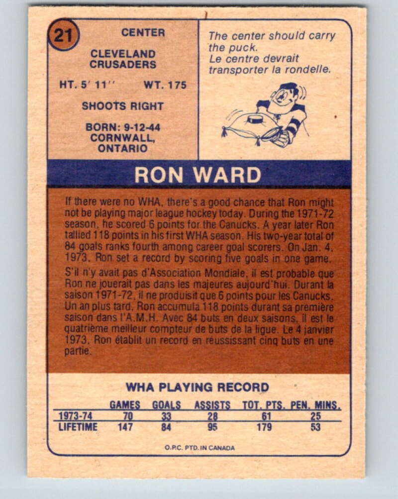 1974-75 WHA O-Pee-Chee #21 Ron Ward Cleveland Crusaders V7063