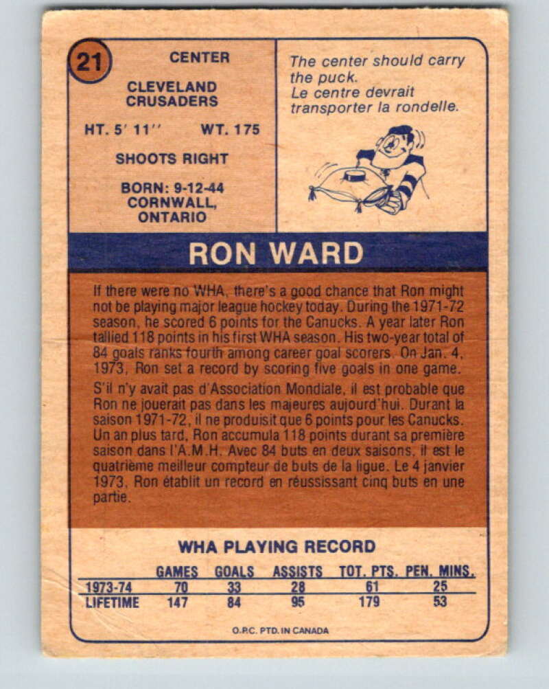 1974-75 WHA O-Pee-Chee #21 Ron Ward Cleveland Crusaders V7064