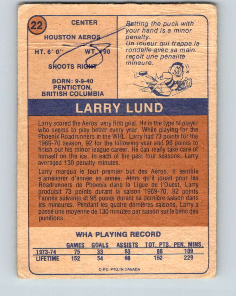 1974-75 WHA O-Pee-Chee #22 Larry Lund RC Rookie Houston Aeros V7066