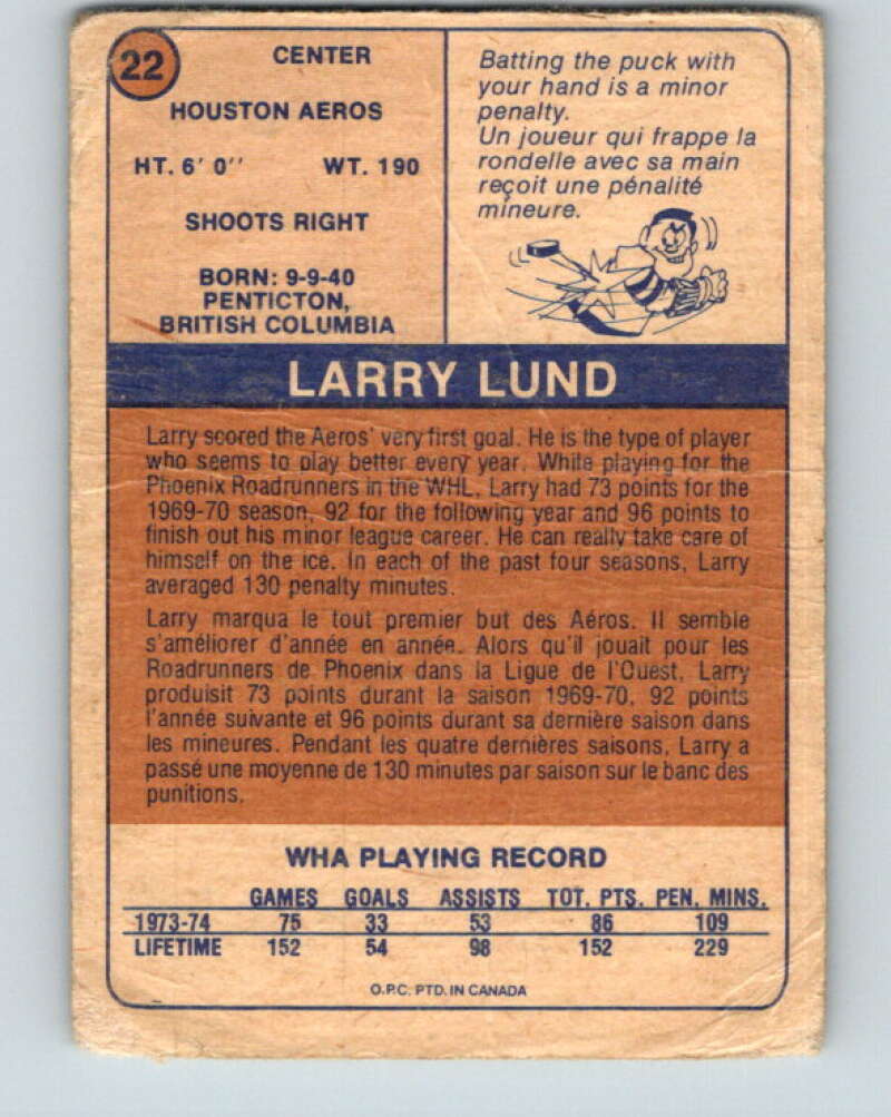 1974-75 WHA O-Pee-Chee #22 Larry Lund RC Rookie Houston Aeros V7067