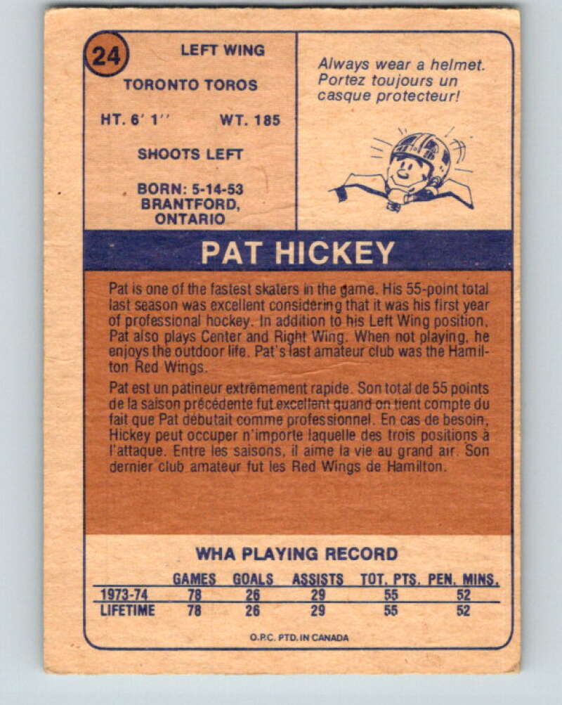 1974-75 WHA O-Pee-Chee #24 Pat Hickey RC Rookie Toronto Toros V7069