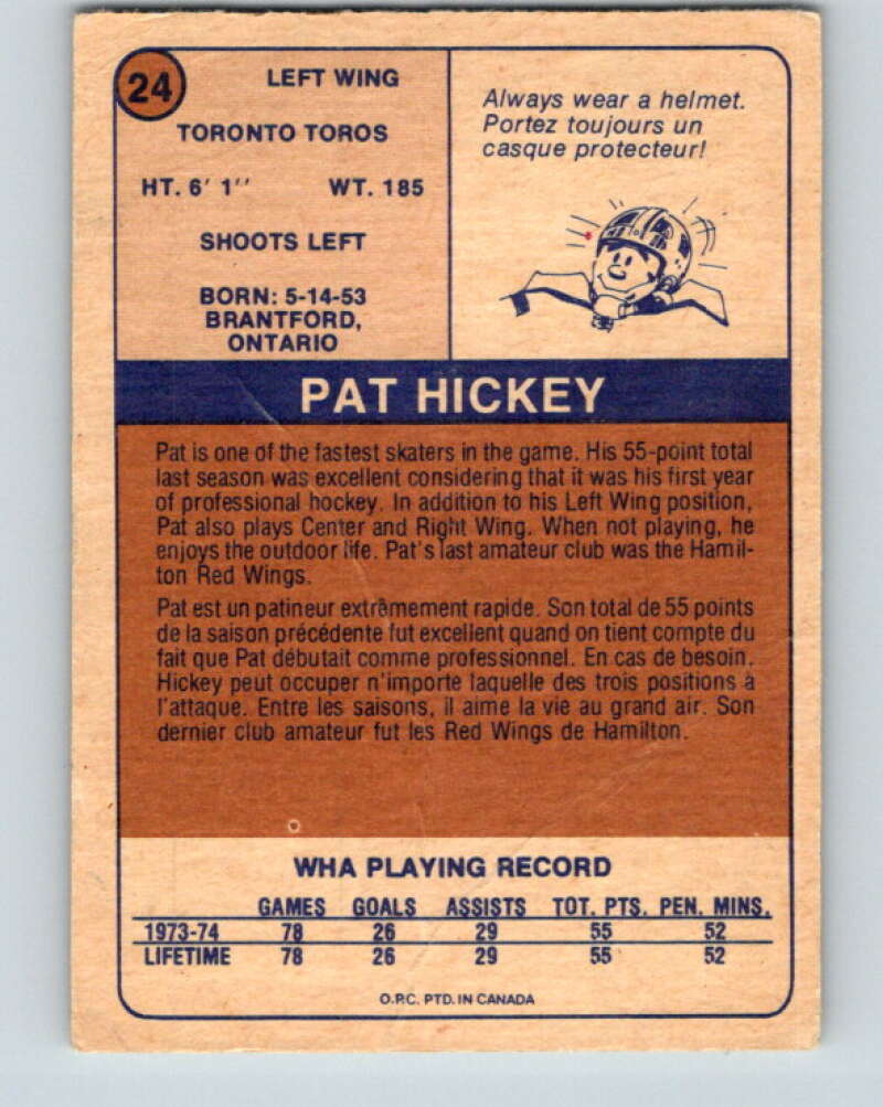 1974-75 WHA O-Pee-Chee #24 Pat Hickey RC Rookie Toronto Toros V7071