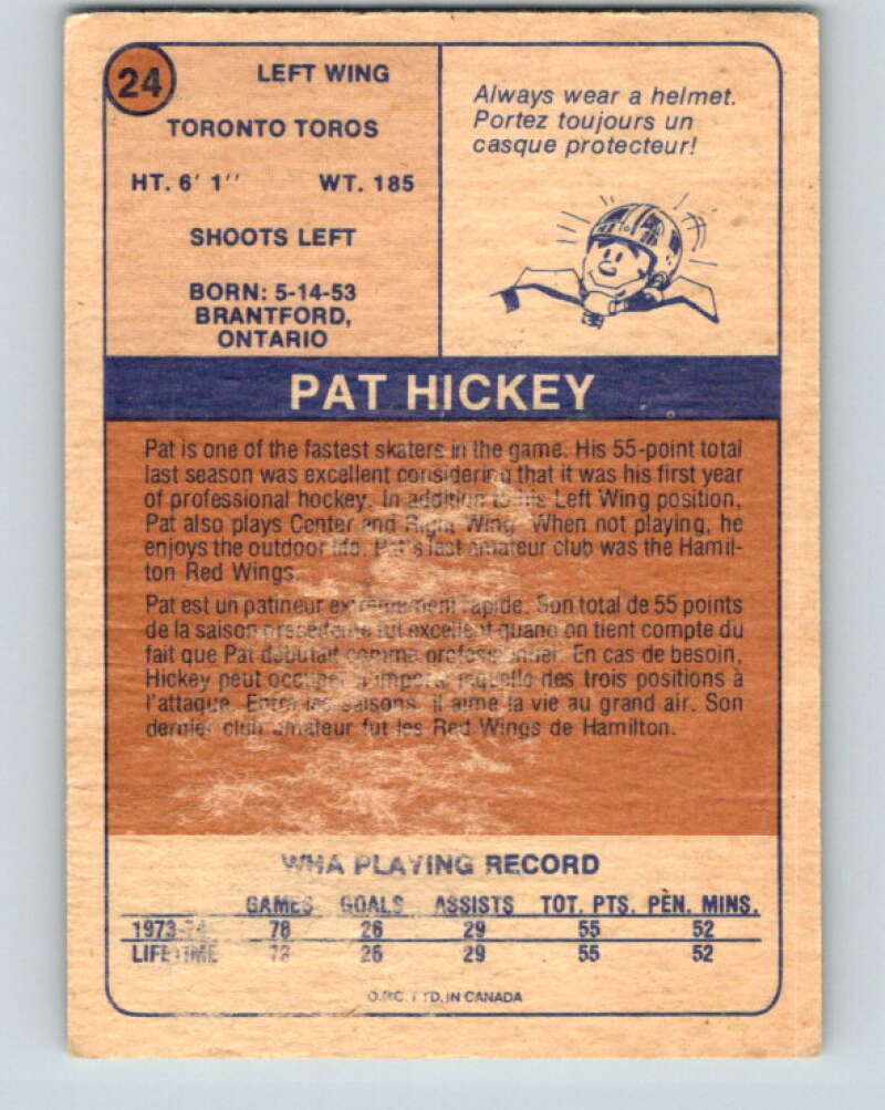 1974-75 WHA O-Pee-Chee #24 Pat Hickey RC Rookie Toronto Toros V7072