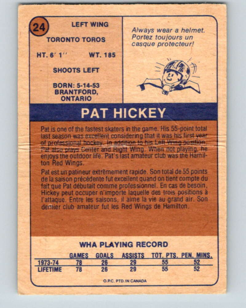 1974-75 WHA O-Pee-Chee #24 Pat Hickey RC Rookie Toronto Toros V7073