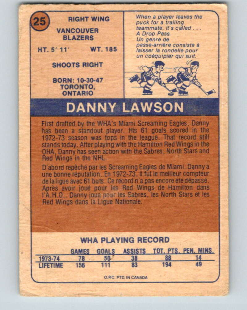 1974-75 WHA O-Pee-Chee #25 Danny Lawson RC Rookie Blazers V7075