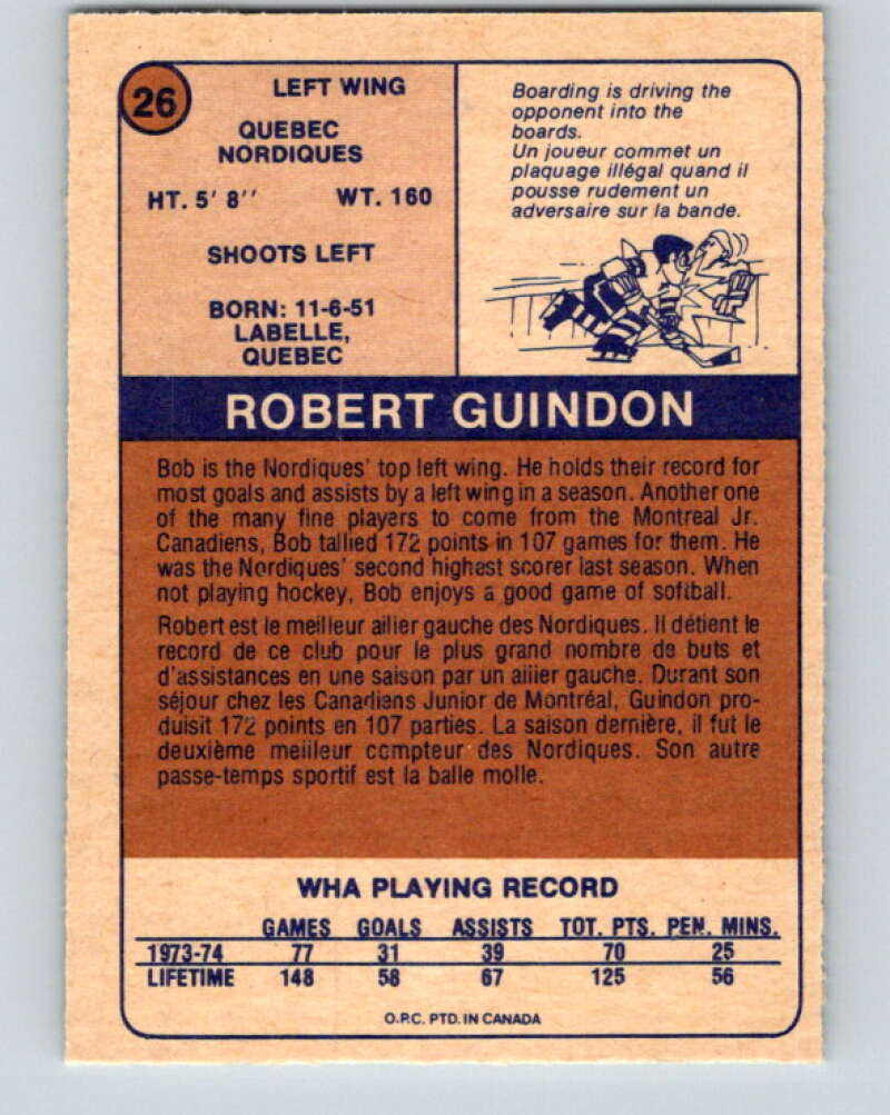 1974-75 WHA O-Pee-Chee  #26 Bob Guindon  RC Rookie Quebec  V7076