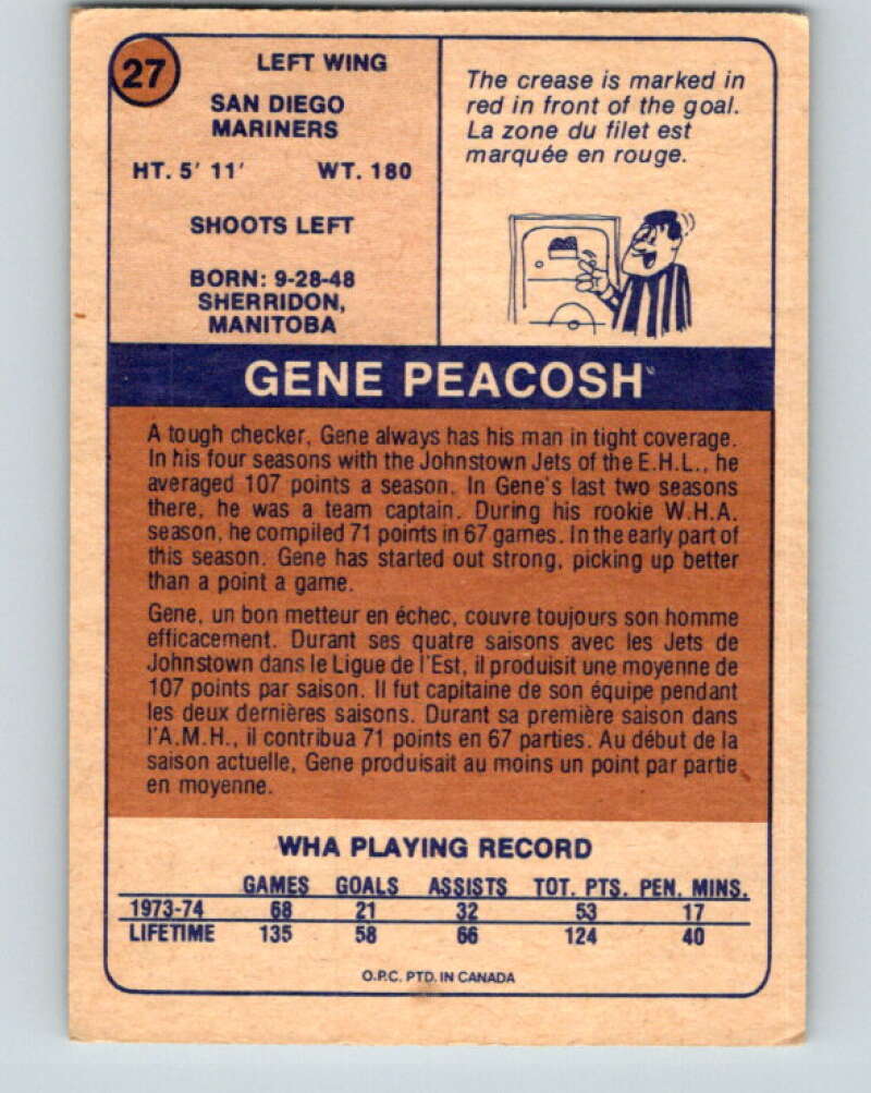 1974-75 WHA O-Pee-Chee  #27 Gene Peacosh  RC Rookie Mariners  V7077