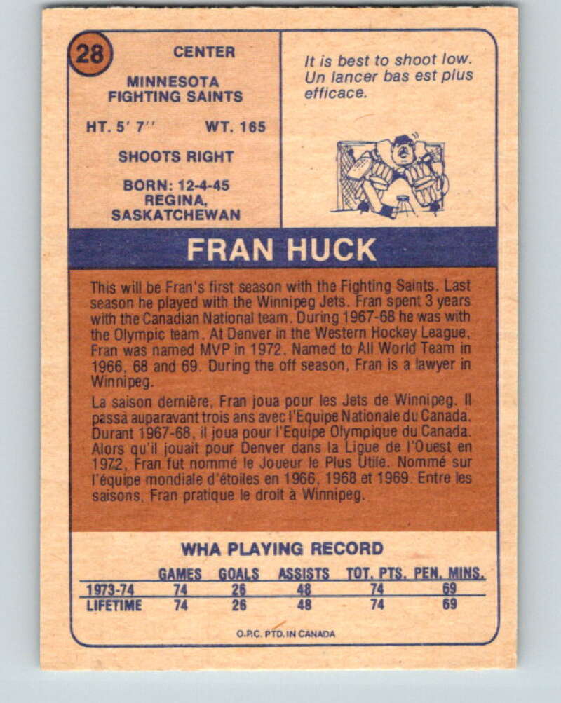 1974-75 WHA O-Pee-Chee #28 Fran Huck Minnesota Fighting Saints V7078