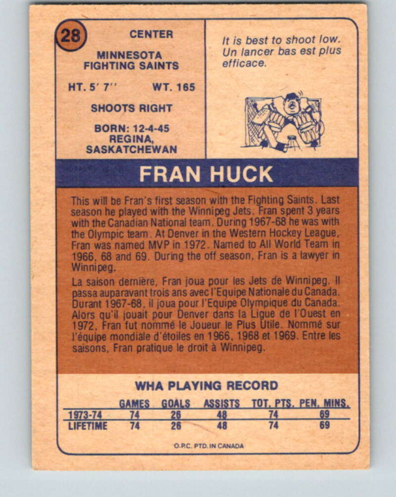 1974-75 WHA O-Pee-Chee #28 Fran Huck Minnesota Fighting Saints V7079