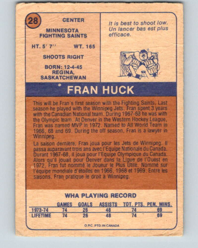 1974-75 WHA O-Pee-Chee #28 Fran Huck Minnesota Fighting Saints V7080