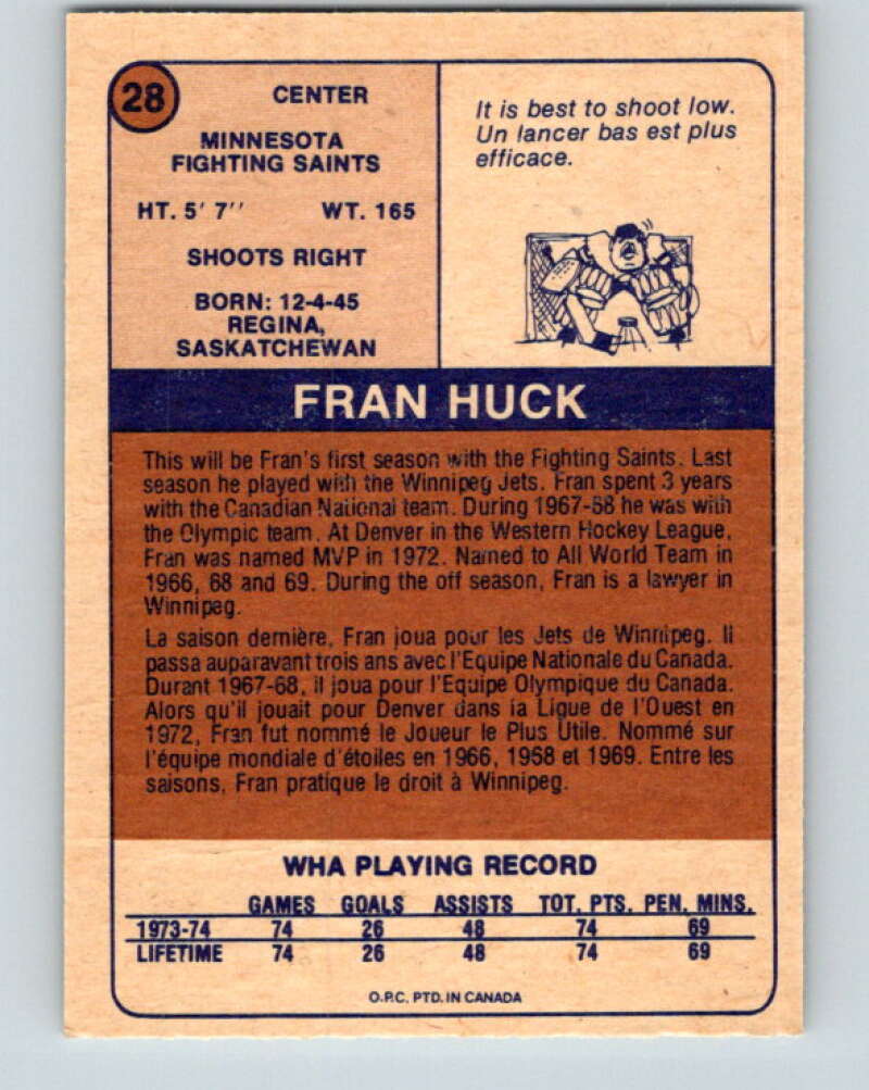 1974-75 WHA O-Pee-Chee #28 Fran Huck Minnesota Fighting Saints V7081