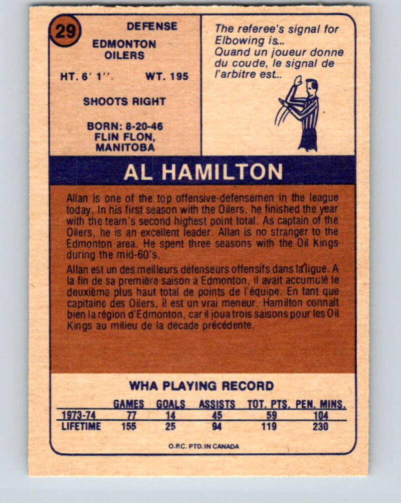 1974-75 WHA O-Pee-Chee #29 Al Hamilton Edmonton Oilers V7082