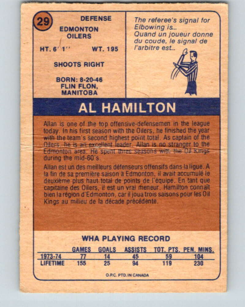1974-75 WHA O-Pee-Chee #29 Al Hamilton Edmonton Oilers V7083