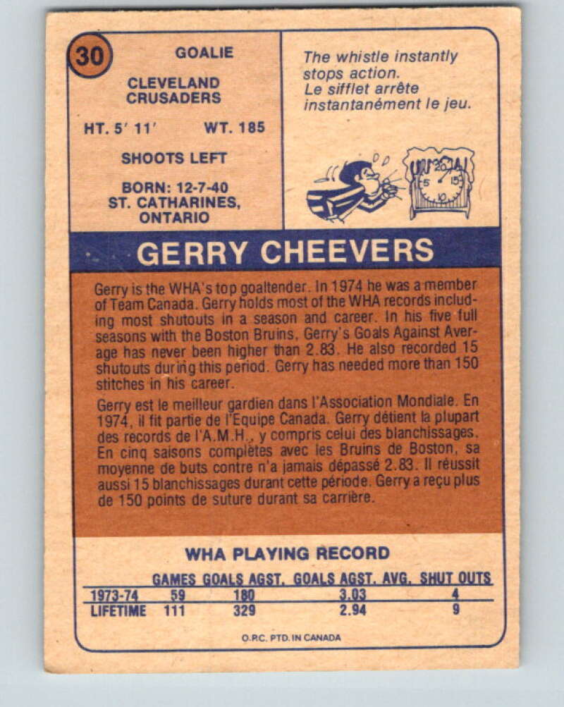 1974-75 WHA O-Pee-Chee #30 Gerry Cheevers Cleveland Crusaders V7084