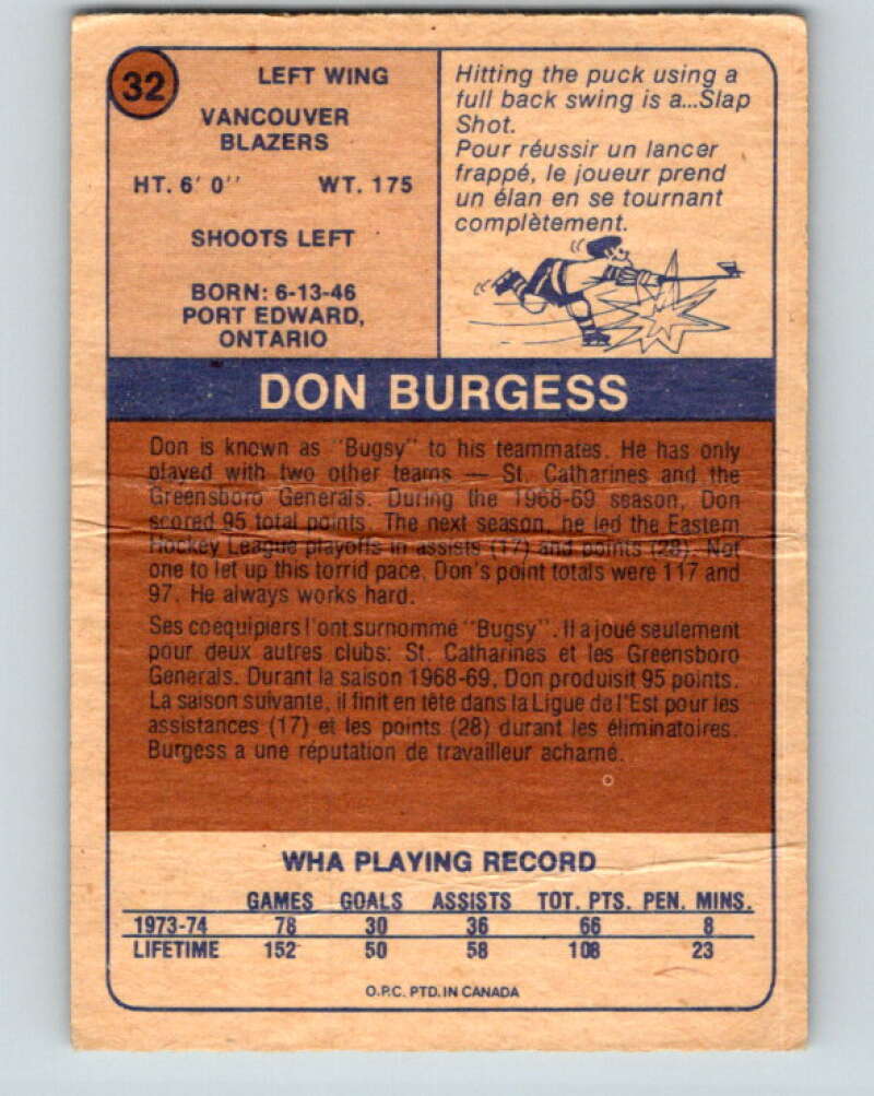 1974-75 WHA O-Pee-Chee #32 Don Burgess RC Rookie Vancouver Blazers V7086
