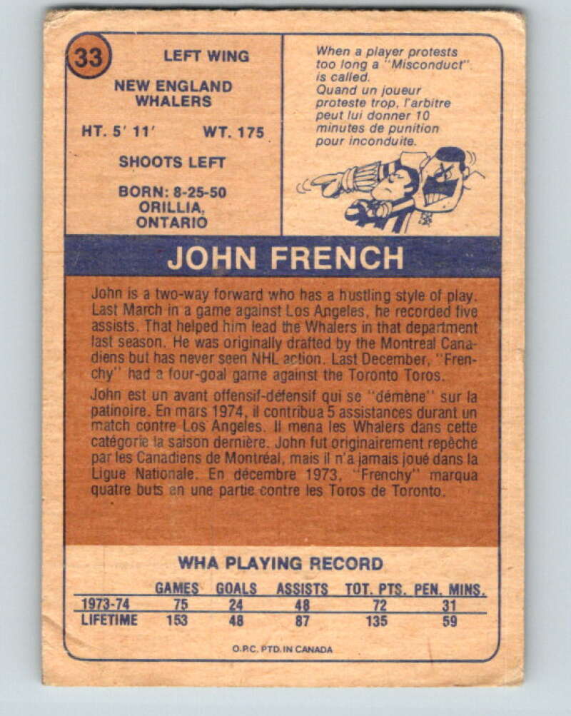 1974-75 WHA O-Pee-Chee #33 John French RC Rookie Whalers V7087