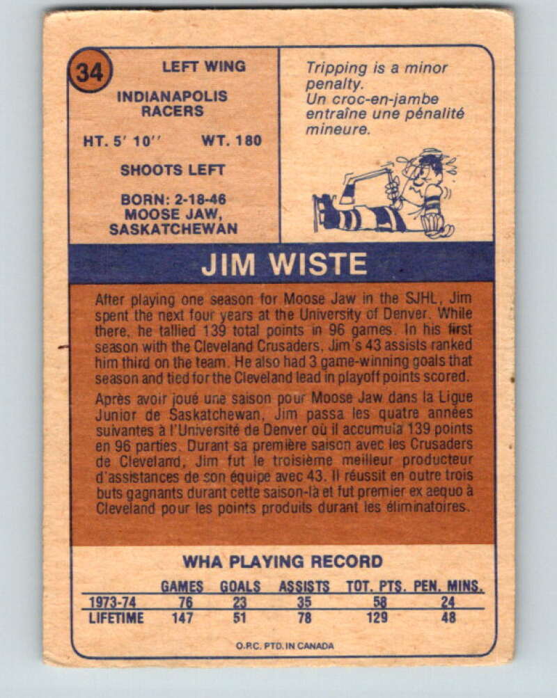 1974-75 WHA O-Pee-Chee #34 Jim Wiste RC Rookie Indianapolis Racers V7088
