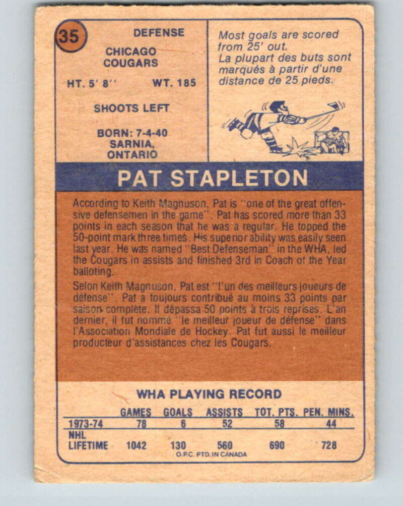 1974-75 WHA O-Pee-Chee #35 Pat Stapleton Chicago Cougars V7089