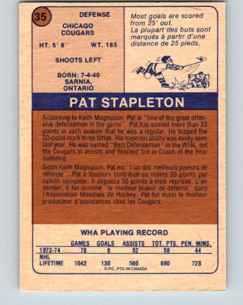 1974-75 WHA O-Pee-Chee #35 Pat Stapleton Chicago Cougars V7092