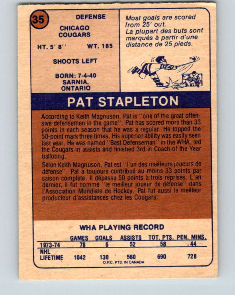 1974-75 WHA O-Pee-Chee #35 Pat Stapleton Chicago Cougars V7093