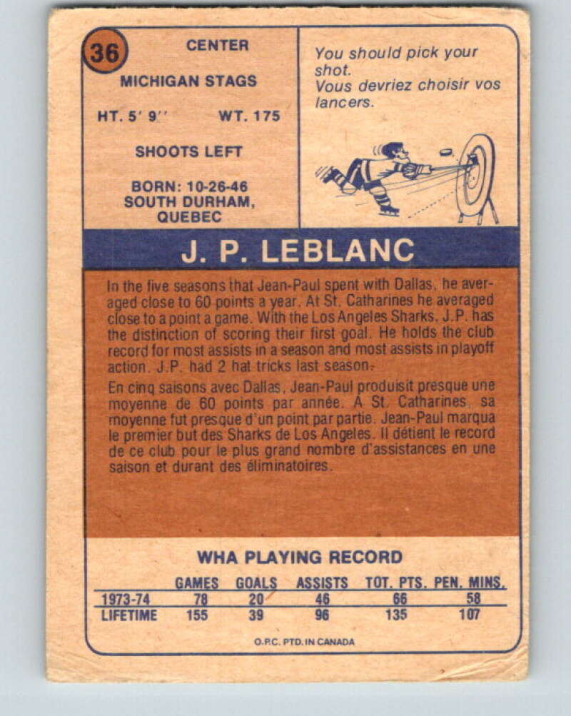 1974-75 WHA O-Pee-Chee #36 Jean-Paul LeBlanc RC Rookie Stags V7095
