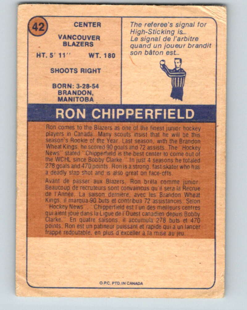 1974-75 WHA O-Pee-Chee #42 Ron Chipperfield RC Rookie Blazers V7103