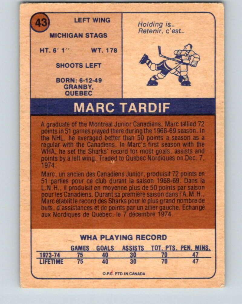1974-75 WHA O-Pee-Chee #43 Marc Tardif Michigan Stags V7104