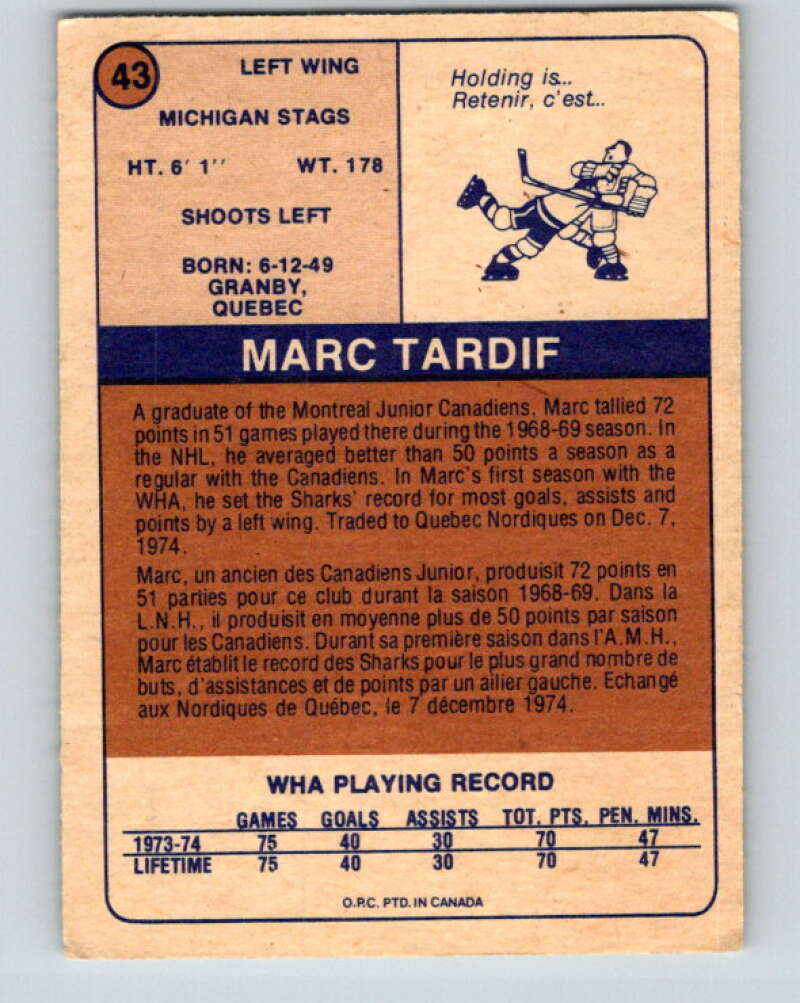 1974-75 WHA O-Pee-Chee #43 Marc Tardif Michigan Stags V7106
