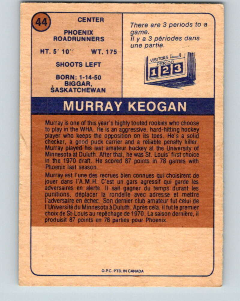 1974-75 WHA O-Pee-Chee #44 Murray Keogan RC Rookie Phoenix V7110