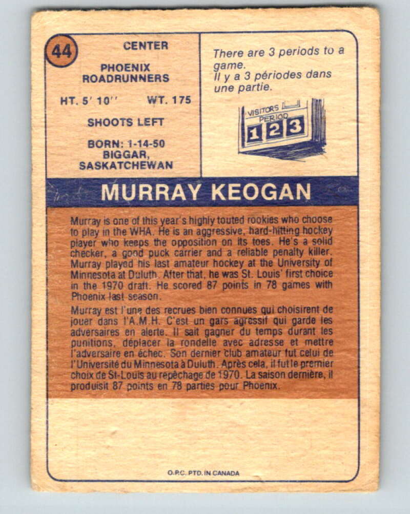 1974-75 WHA O-Pee-Chee #44 Murray Keogan RC Rookie Phoenix V7111