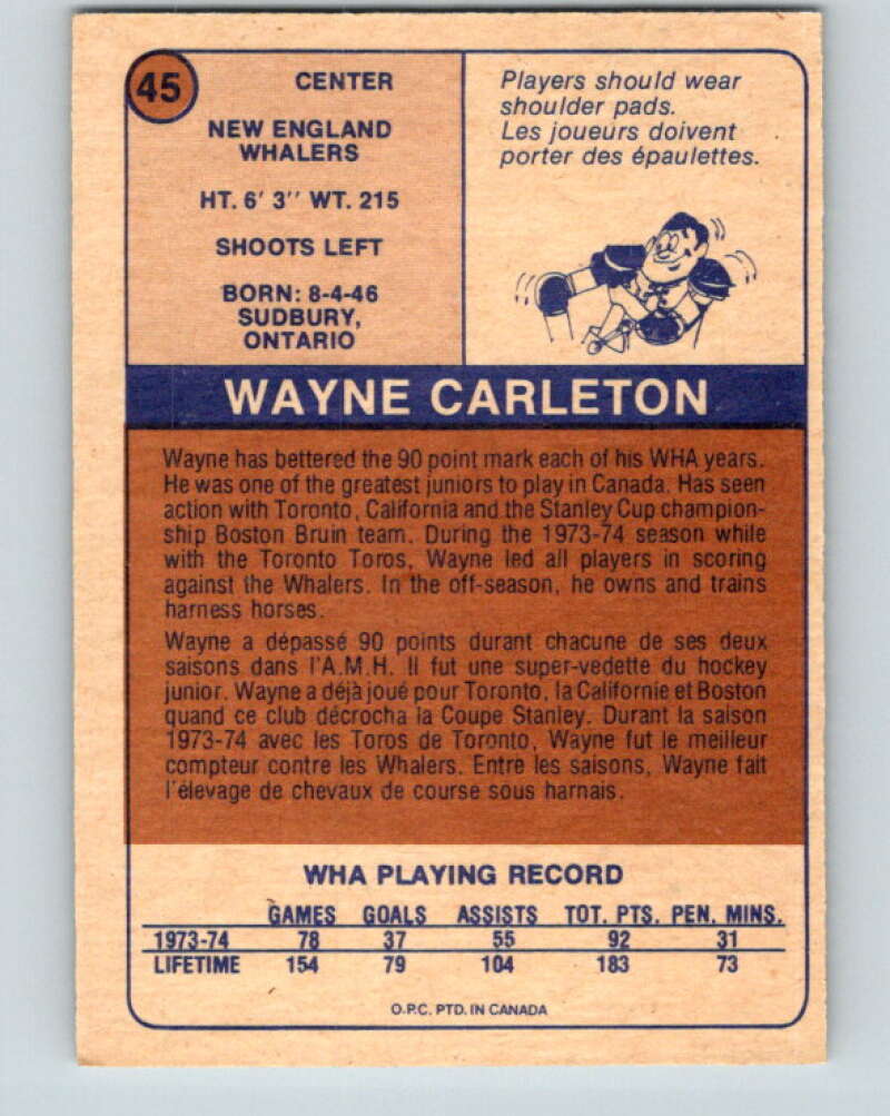 1974-75 WHA O-Pee-Chee #45 Wayne Carleton New England Whalers V7112